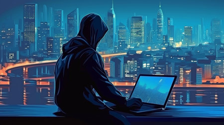 Cybercrime Illustration of a Computer Hacker Using a Laptop, City Scene, Binary Code, Hacking. GENERATE AIの素材