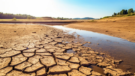 Lake and river drying up in the summer, the water problem, and drought are all effects of climate change. GENERATE AIの素材