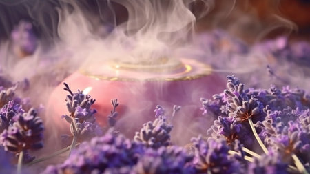 Lavender is enclosed in perfume smoke. GENERATE AIの素材