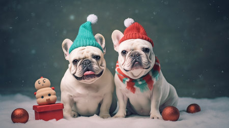dog in holiday attire A humorous Christmas tree and a snowman carrying a parcel were the costumes worn by two french bulldogs. GENERATE AIの素材