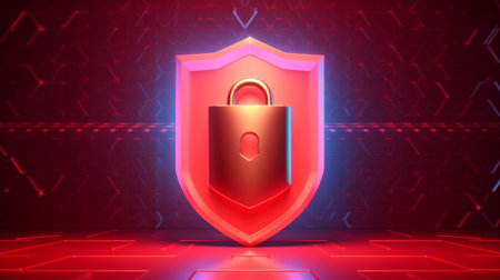 Data security Privacy in cyberspace. Internet business technology shield with a keyhole on an abstract red backdrop. Concept for Information Privacy Protection. GENERATE AIの素材