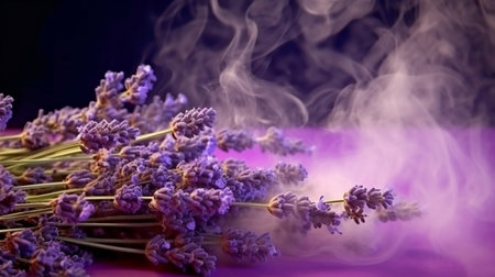 Lavender is enclosed in perfume smoke. GENERATE AIの素材