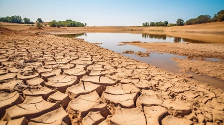 Lake and river drying up in the summer, the water problem, and drought are all effects of climate change. GENERATE AIの素材
