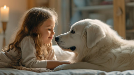 an image of a little girl playing with her dog companion at home. GENERATE AIの素材