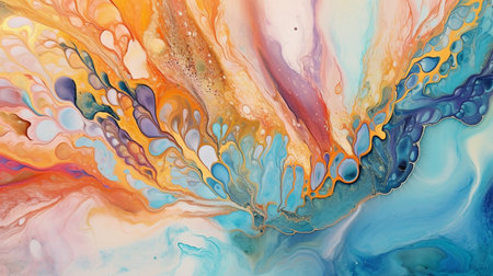 These fluid patterns are shaped by currents of transparent colors, writhing metallic swirls, and frothy color sprays. Alcohol ink method for a natural luxury abstract painting. GENERATE AIの素材