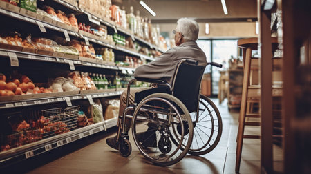 A man in a wheelchair is in a supermarket. GENERATE AIの素材
