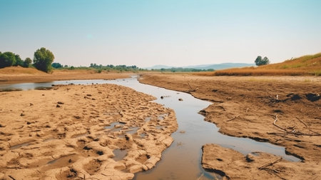 Lake and river drying up in the summer, the water problem, and drought are all effects of climate change. GENERATE AIの素材