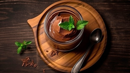 A dark backdrop with a wooden board and a glass of vegan chocolate mousse and a spoon. GENERATE AIの素材