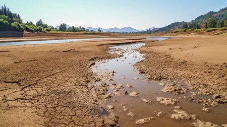 Lake and river drying up in the summer, the water problem, and drought are all effects of climate change. GENERATE AIの素材