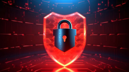 Data security Privacy in cyberspace. Internet business technology shield with a keyhole on an abstract red backdrop. Concept for Information Privacy Protection. GENERATE AIの素材