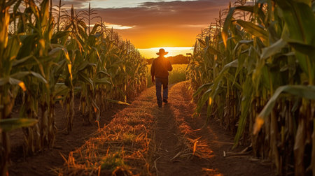 Farmer strolling among cornfields at dusk. GENERATE AIの素材