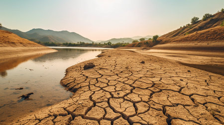 Lake and river drying up in the summer, the water problem, and drought are all effects of climate change. GENERATE AIの素材