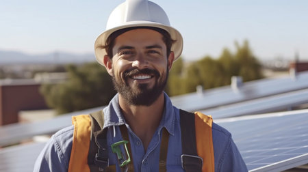 Engineer installing solar panels in a confident pose on a rooftop. GENERATE AIの素材