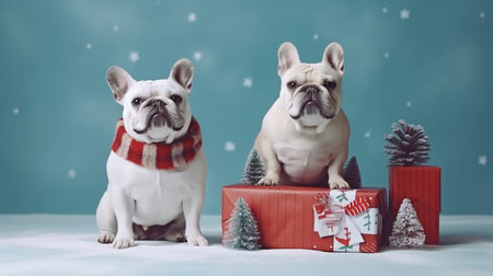 dog in holiday attire A humorous Christmas tree and a snowman carrying a parcel were the costumes worn by two french bulldogs. GENERATE AIの素材