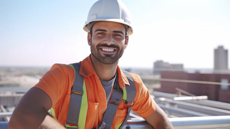 Engineer installing solar panels in a confident pose on a rooftop. GENERATE AIの素材