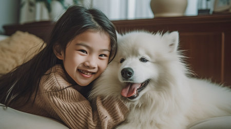 an image of a little girl playing with her dog companion at home. GENERATE AIの素材