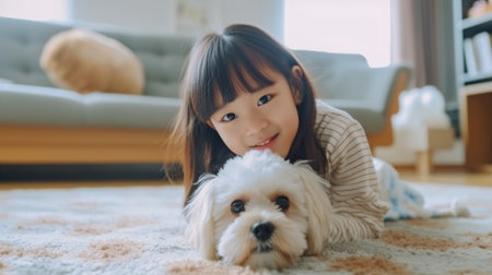 an image of a little girl playing with her dog companion at home. GENERATE AIの素材