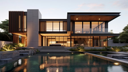 Elegant Home with a Beautiful Pool: Sleek Lines and Elegant Textures. GENERATE AIの素材