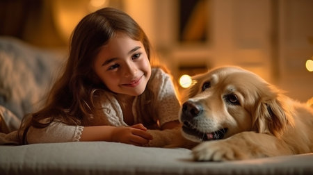 an image of a little girl playing with her dog companion at home. GENERATE AIの素材