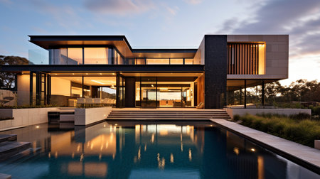 Elegant Home with a Beautiful Pool: Sleek Lines and Elegant Textures. GENERATE AIの素材
