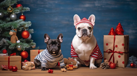 dog in holiday attire A humorous Christmas tree and a snowman carrying a parcel were the costumes worn by two french bulldogs. GENERATE AIの素材