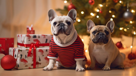dog in holiday attire A humorous Christmas tree and a snowman carrying a parcel were the costumes worn by two french bulldogs. GENERATE AIの素材
