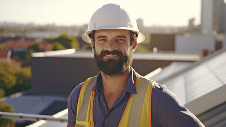 Engineer installing solar panels in a confident pose on a rooftop. GENERATE AIの素材