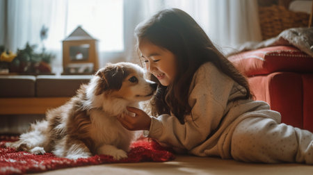 an image of a little girl playing with her dog companion at home. GENERATE AIの素材