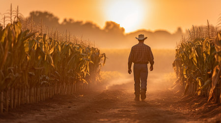 Farmer strolling among cornfields at dusk. GENERATE AIの素材