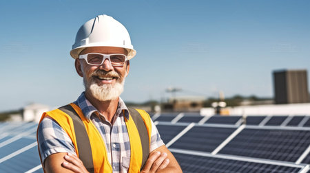 Engineer installing solar panels in a confident pose on a rooftop. GENERATE AIの素材