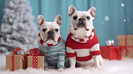 dog in holiday attire A humorous Christmas tree and a snowman carrying a parcel were the costumes worn by two french bulldogs. GENERATE AIの素材