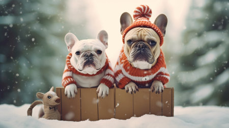 dog in holiday attire A humorous Christmas tree and a snowman carrying a parcel were the costumes worn by two french bulldogs. GENERATE AIの素材
