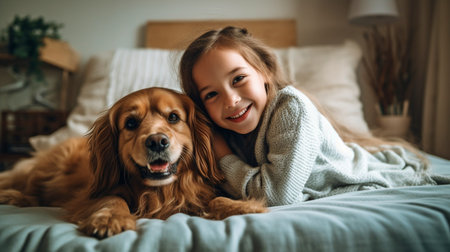 an image of a little girl playing with her dog companion at home. GENERATE AIの素材