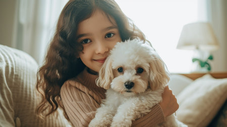 an image of a little girl playing with her dog companion at home. GENERATE AIの素材