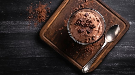 A dark backdrop with a wooden board and a glass of vegan chocolate mousse and a spoon. GENERATE AIの素材