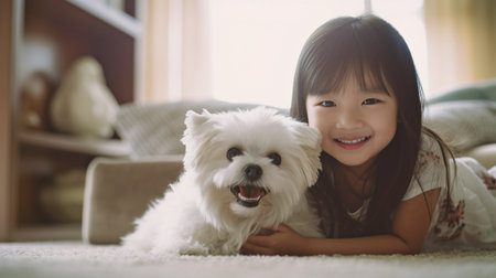 an image of a little girl playing with her dog companion at home. GENERATE AIの素材