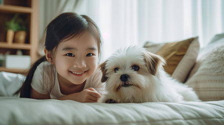 an image of a little girl playing with her dog companion at home. GENERATE AIの素材