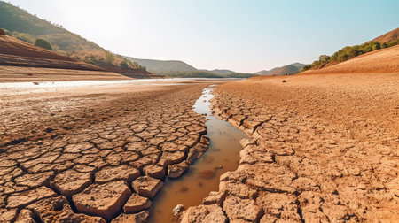 Lake and river drying up in the summer, the water problem, and drought are all effects of climate change. GENERATE AIの素材