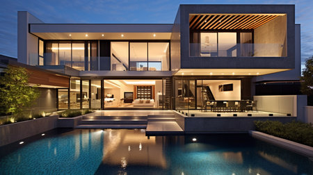 Elegant Home with a Beautiful Pool: Sleek Lines and Elegant Textures. GENERATE AIの素材