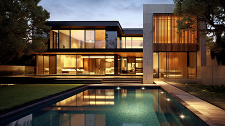 Elegant Home with a Beautiful Pool: Sleek Lines and Elegant Textures. GENERATE AIの素材