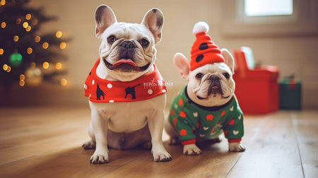 dog in holiday attire A humorous Christmas tree and a snowman carrying a parcel were the costumes worn by two french bulldogs. GENERATE AIの素材