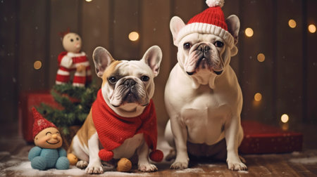 dog in holiday attire A humorous Christmas tree and a snowman carrying a parcel were the costumes worn by two french bulldogs. GENERATE AIの素材