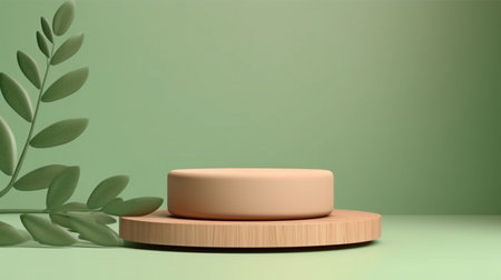 Display on a 3D wooden platform with leaf shadow. green background in the copy space. Mockup for a cosmetics or beauty product. pedestal made of untreated wood. trendy 3D render illustration in the art deco style. GENERATE AIの素材