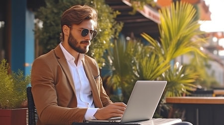 attractive young businessman working from a chair outside while using a laptop. GENERATE AIの素材