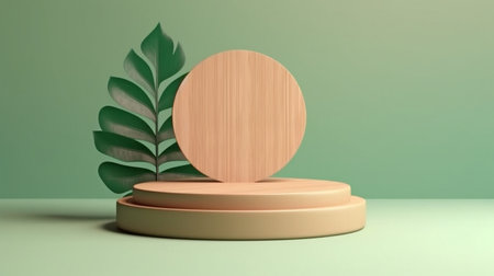 Display on a 3D wooden platform with leaf shadow. green background in the copy space. Mockup for a cosmetics or beauty product. pedestal made of untreated wood. trendy 3D render illustration in the art deco style. GENERATE AIの素材