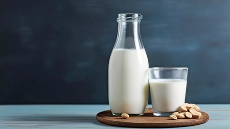 a milk bottle and glass on a wooden table against a blue backdrop. GENERATE AIの素材