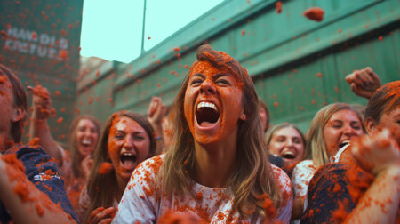 People shouting and joking amid the tomato crush at the La Tomatina Festival in Bunol, Spain. GENERATE AIの素材