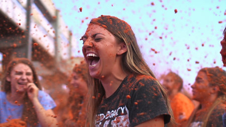 People shouting and joking amid the tomato crush at the La Tomatina Festival in Bunol, Spain. GENERATE AIの素材
