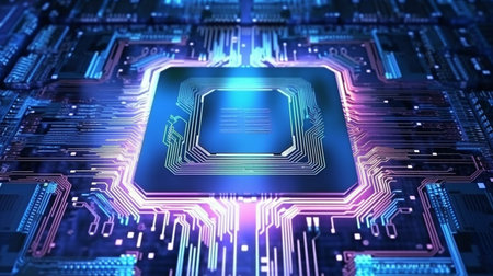 Abstract electronic circuit technology backdrop in a two-dimensional image. GENERATE AIの素材