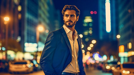 attractive businessman, nighttime cityscape.organization idea.  GENERATE AIの素材